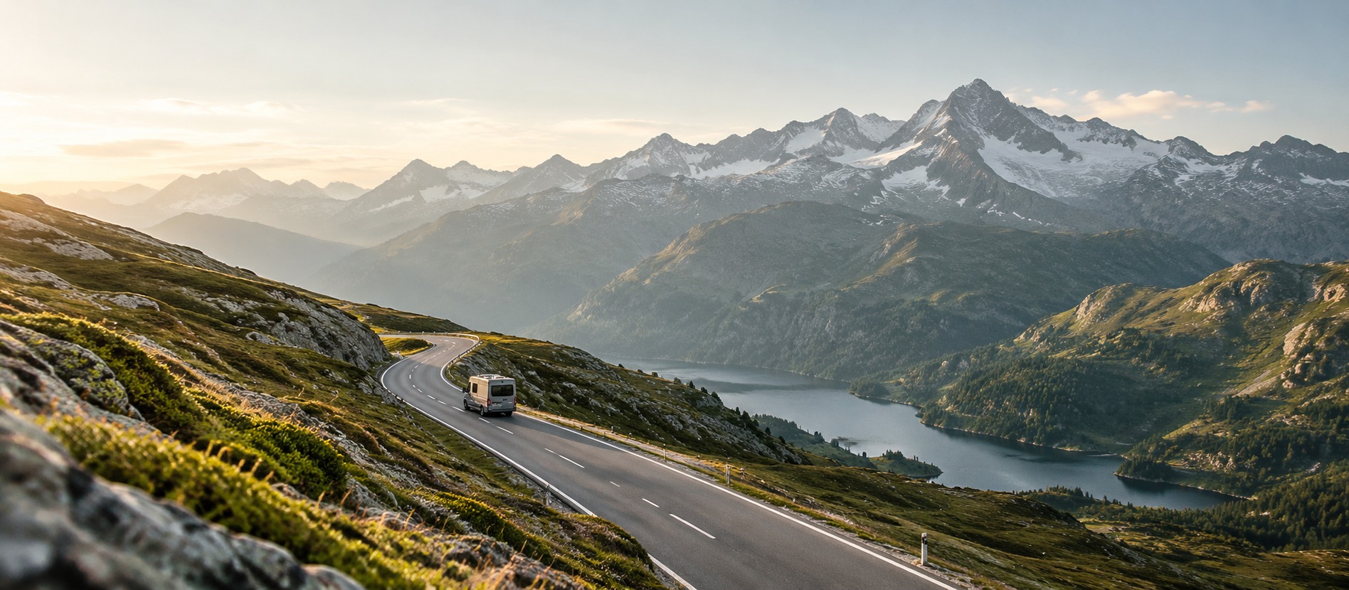 Campervan on a winding Alpine road above a lake at sunrise