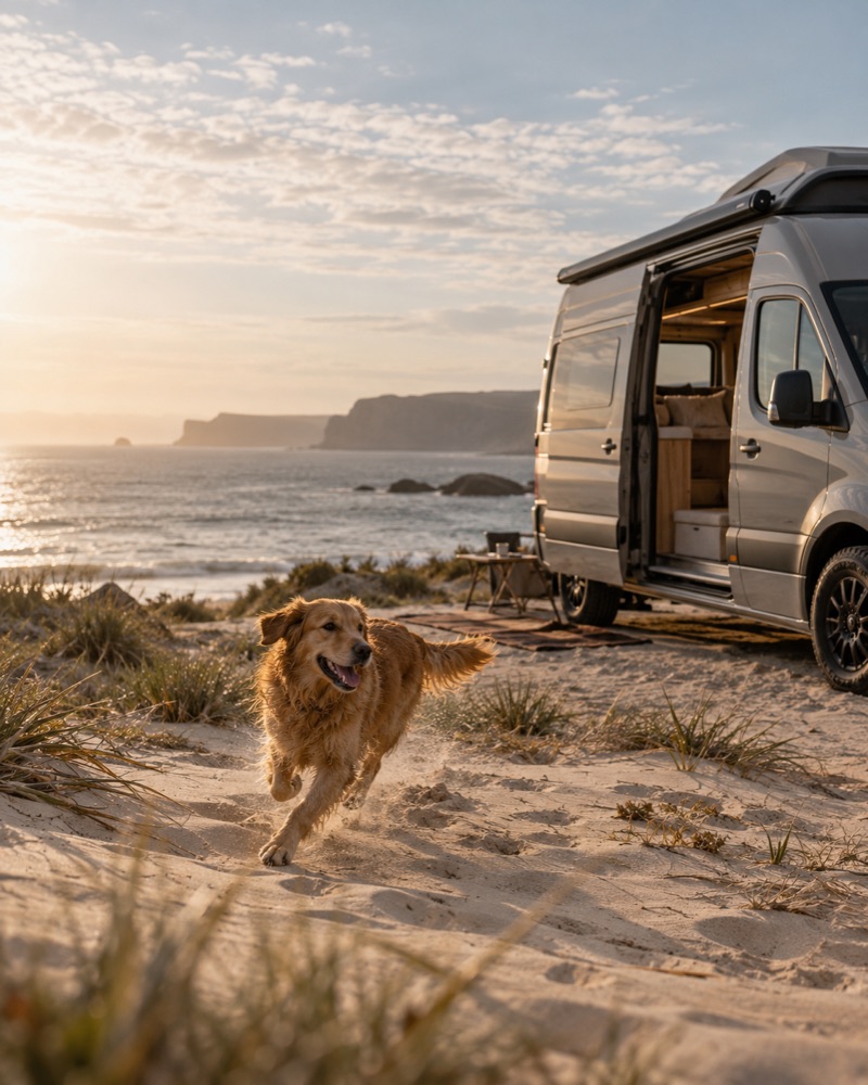 Golden retriever running across the dunes towards a parked campervan