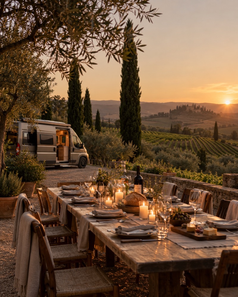 Long candlelit table set outdoors among olive trees and vineyards