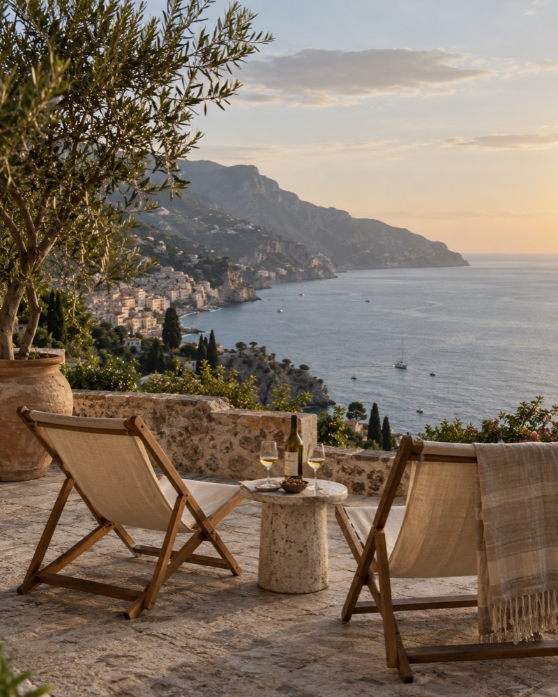 Two deck chairs on a stone terrace above a Mediterranean coast