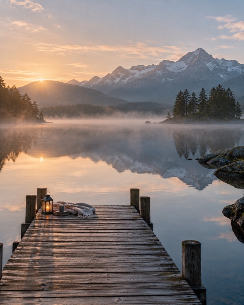 Wooden jetty with a lantern on a misty mountain lake at dawn