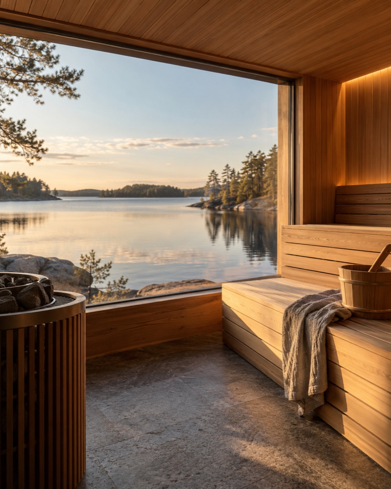 Cedar sauna with a wide window onto a calm lake