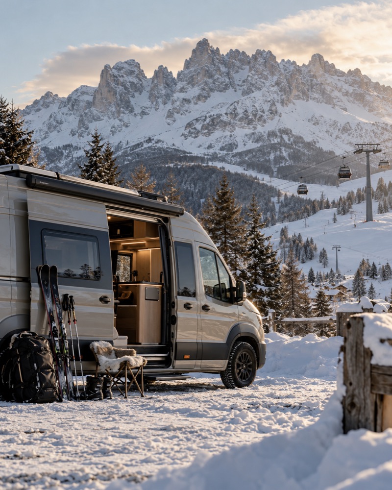 Campervan with skis in the snow beside a gondola line