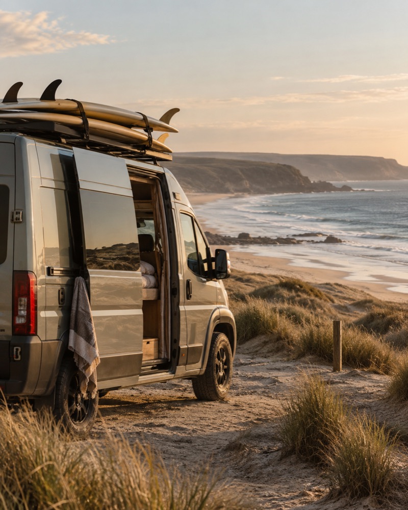 Campervan with surfboards on the roof above a sandy bay