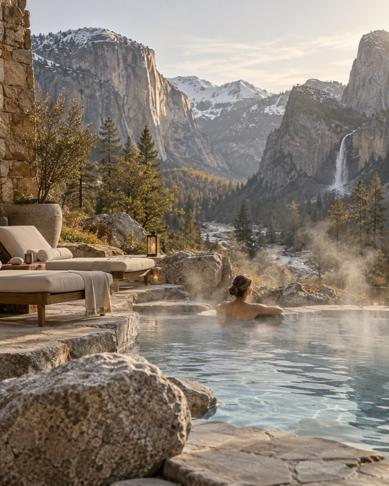 Steaming thermal pool below granite cliffs and a waterfall