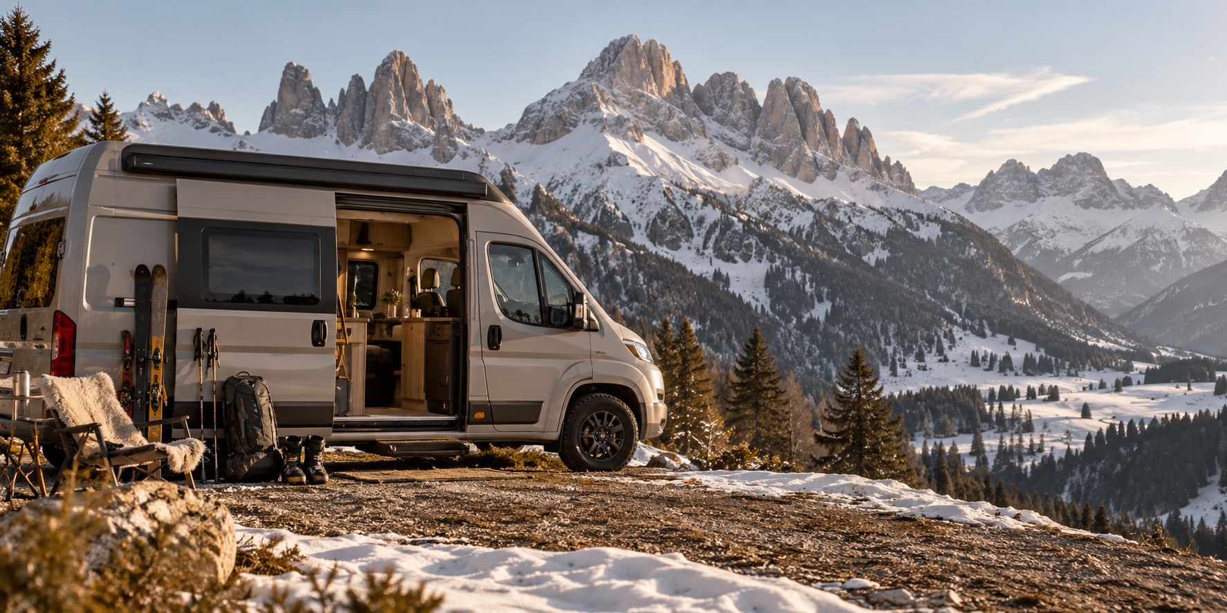 Campervan with skis parked below snowy Dolomite peaks