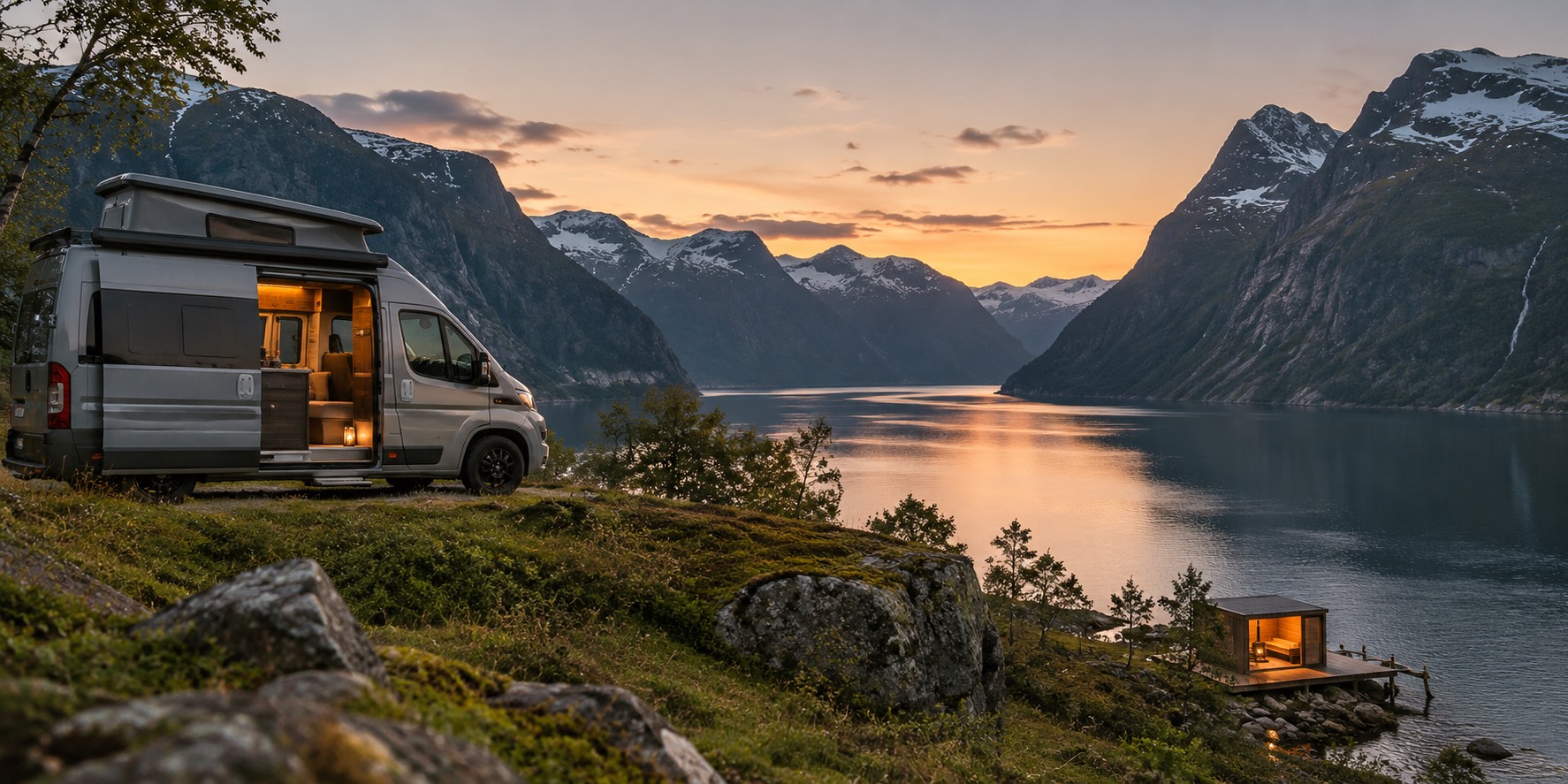 Campervan parked above a Norwegian fjord at dusk, with a lit sauna cabin on the shore