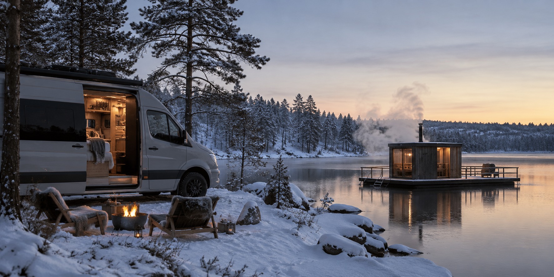 Campervan on a snowy lakeshore with a floating sauna steaming at dawn