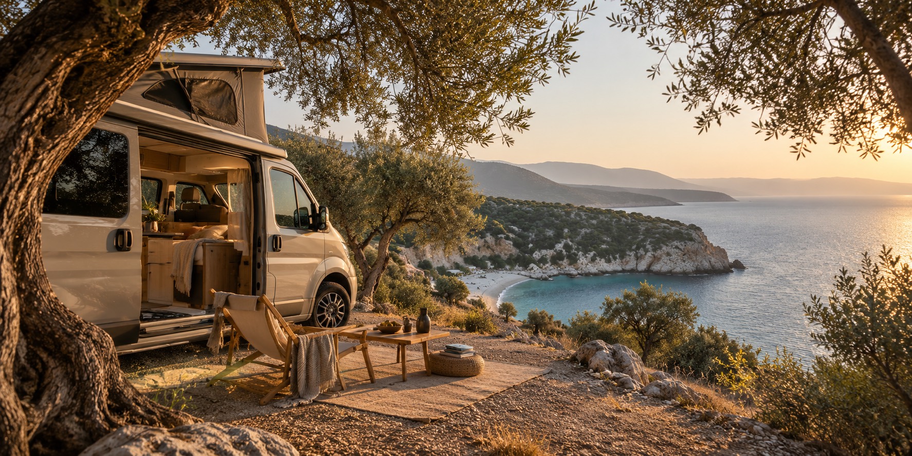 Campervan in an olive grove above a turquoise Greek bay