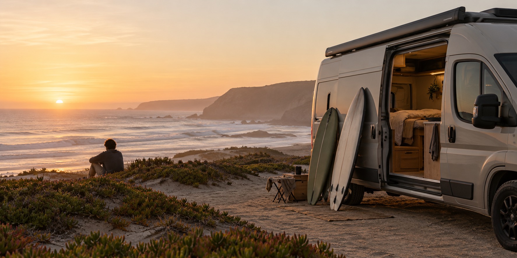 Campervan with surfboards on a clifftop above the Atlantic at sunset