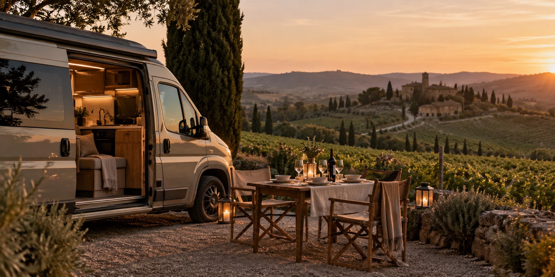 Campervan beside a candlelit dinner table overlooking Tuscan vineyards at sunset
