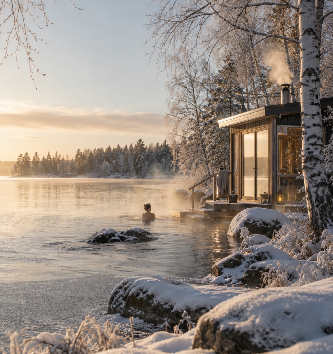 Lakeside sauna cabin in the snow with steam rising and a swimmer in the water