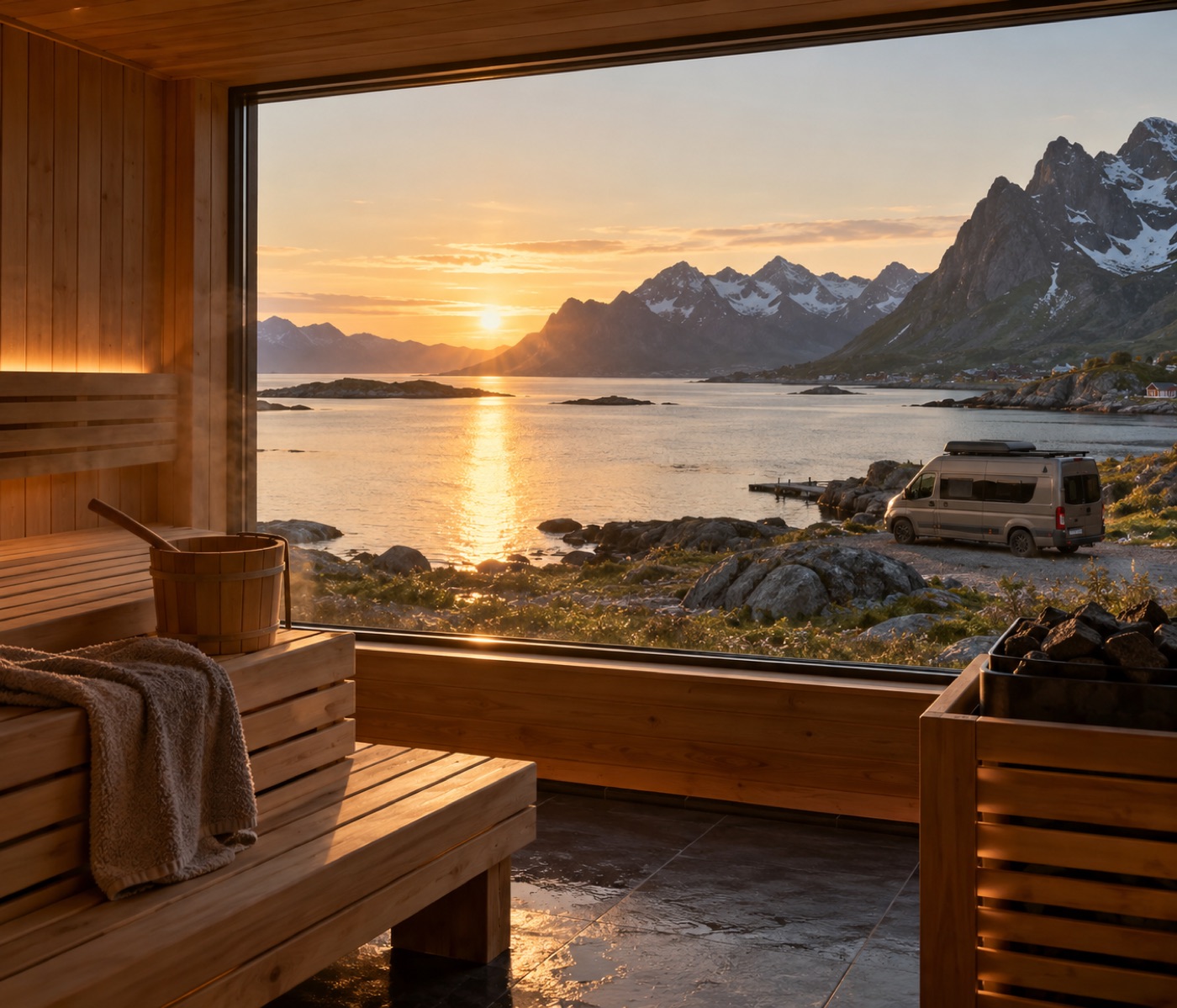 View from a wooden sauna window onto a Lofoten bay at sunset, a campervan parked by the shore
